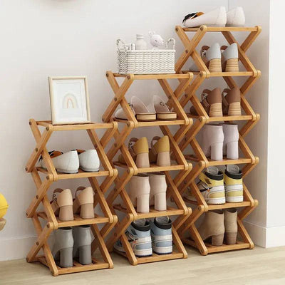 Bamboo shoe racks with multiple tiers displaying various pairs of shoes in an organized, stylish arrangement.