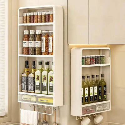 Wall mounted kitchen rack with drawer, large capacity, storing spices and oils, sleek design for space-saving organization.