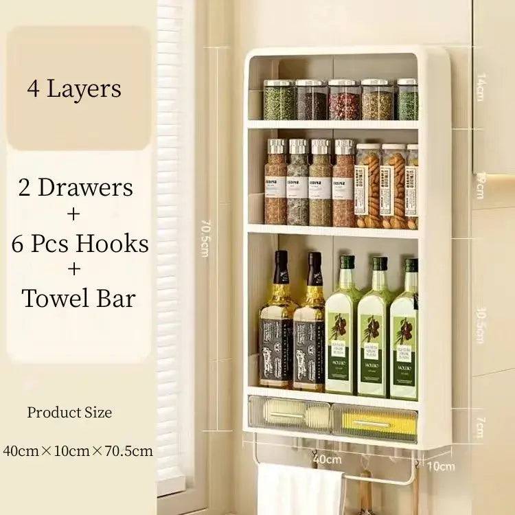Wall mounted kitchen rack in white with 4 layers, drawers, hooks, and towel bar for organizing spices and oils.