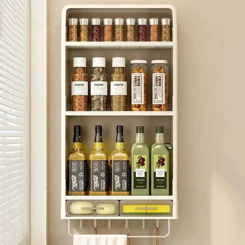 Wall mounted kitchen rack with drawer, organizing spices, oils, and snacks efficiently for a tidy kitchen.