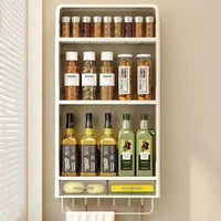 Wall mounted kitchen rack with drawer, organizing spices, oils, and snacks efficiently for a tidy kitchen.