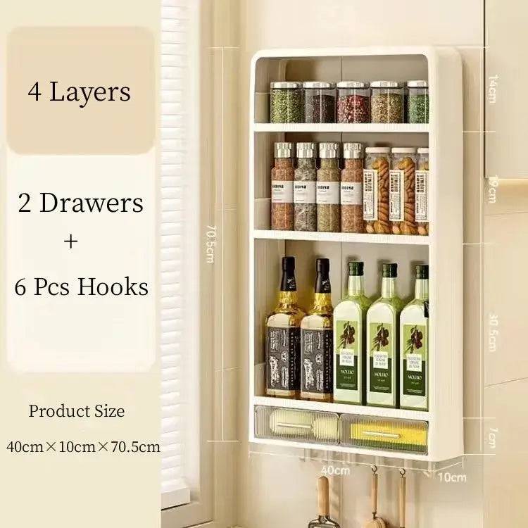 Wall mounted kitchen rack with 4 layers, 2 drawers, and hooks for organizing spices and oils.