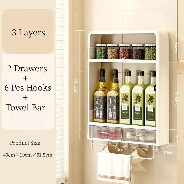 Wall mounted kitchen rack featuring 3 layers, 2 drawers, hooks, and towel bar for easy organization and space-saving.