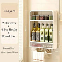Wall mounted kitchen rack featuring 3 layers, 2 drawers, hooks, and towel bar for easy organization and space-saving.