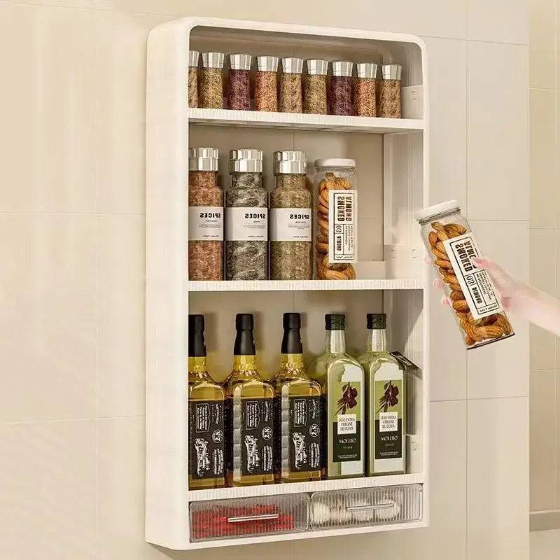 Wall mounted kitchen rack with spices and oils, showcasing large capacity and organized storage solution.