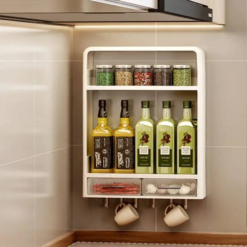 Wall mounted kitchen rack with drawer showcasing spices and oils for efficient organization.