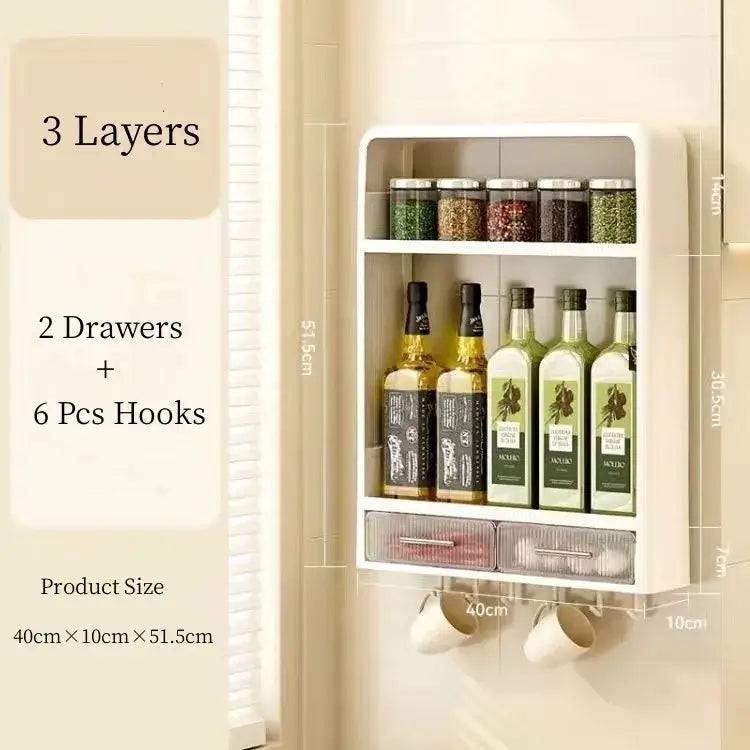 Wall mounted kitchen rack with 3 layers, 2 drawers, 6 hooks, storing spices and oils, size 40x10x51.5cm.