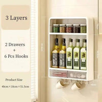 Wall mounted kitchen rack with 3 layers, 2 drawers, 6 hooks, storing spices and oils, size 40x10x51.5cm.