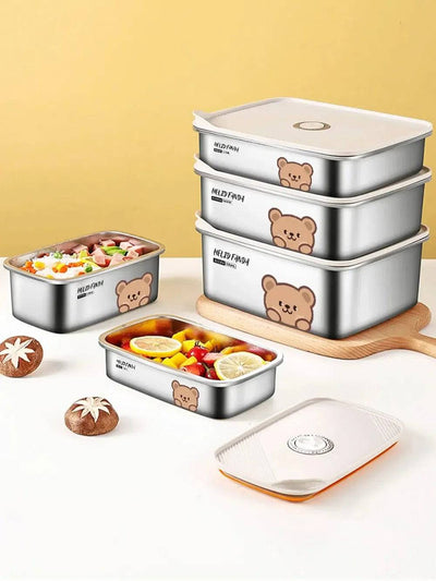 Stainless steel food storage containers with cute bear design, perfect for preserving fruits and vegetables.