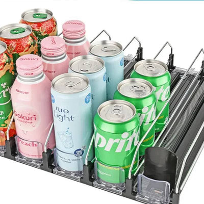 Drink Organizer Dispenser Spring Push Can Shelf Pusher Adjustable Width Soda Can Bottle Pusher E-shaped Glide for Kitchen Fridge |  | Luvasmr - Satisfyingly Organised