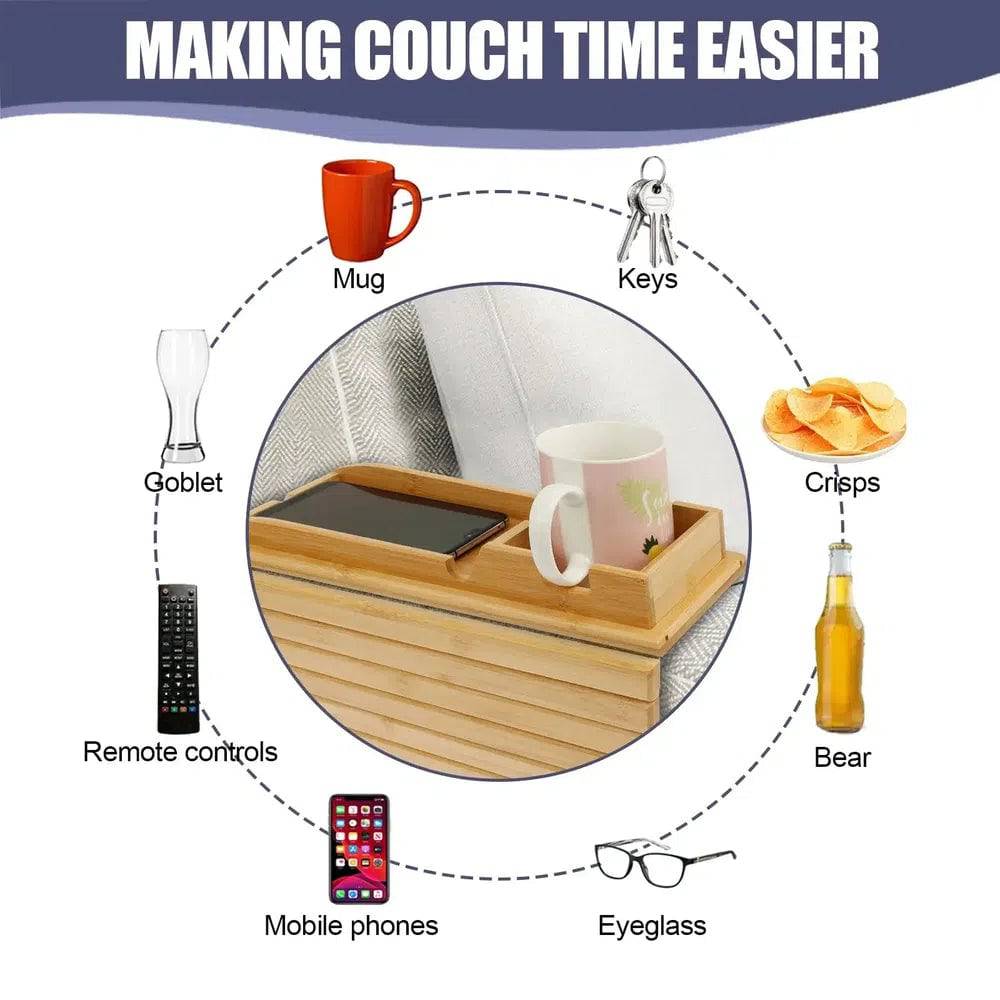 Couch Cup Holder Bamboo Wood Sofa Armrest Tray Foldable Sofa Cup Holder Anti-Slip Couch Arm Cup Holder Sofa Side Storage Tray |  | Luvasmr - Satisfyingly Organised