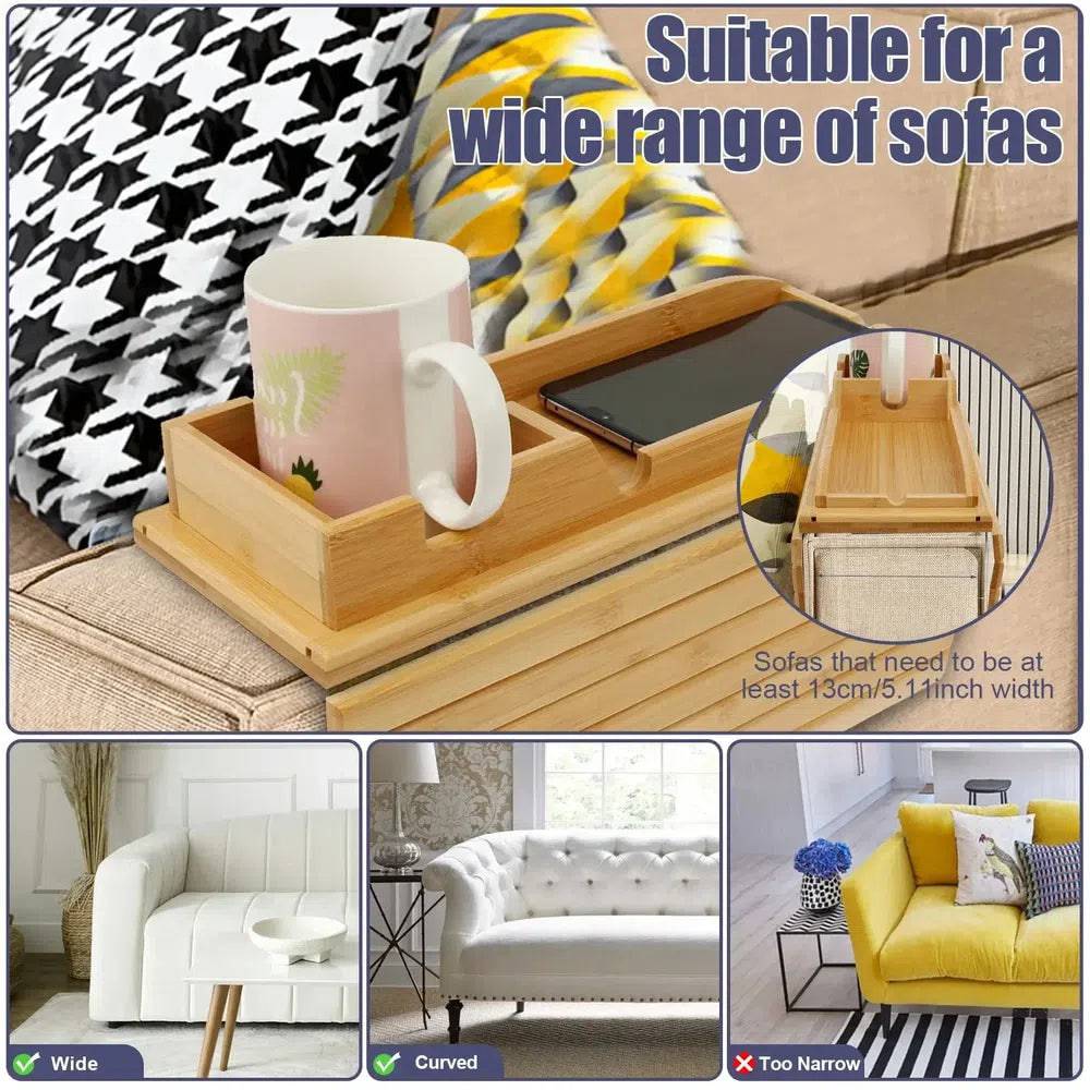Couch Cup Holder Bamboo Wood Sofa Armrest Tray Foldable Sofa Cup Holder Anti-Slip Couch Arm Cup Holder Sofa Side Storage Tray |  | Luvasmr - Satisfyingly Organised