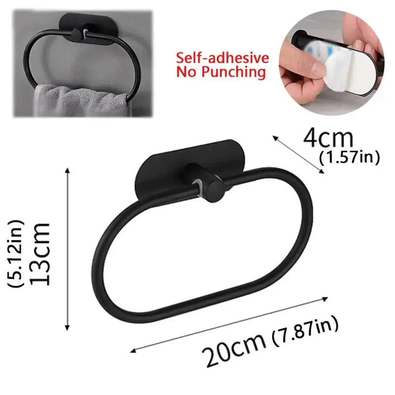 Stainless steel self-adhesive towel holder with measurements, easy installation without drilling.