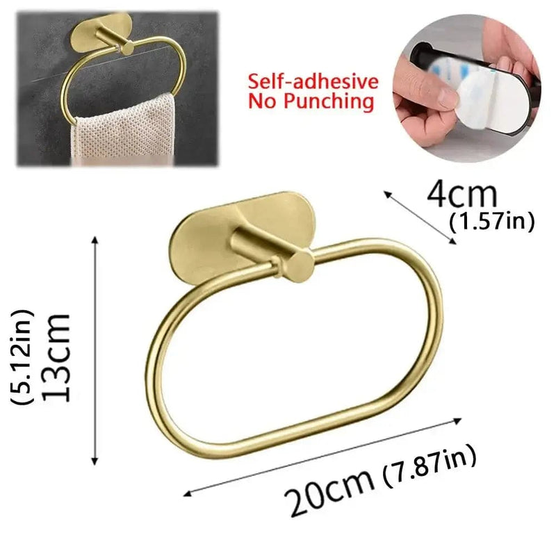 Self-adhesive stainless steel towel holder with dimensions, ideal for easy installation without drilling.