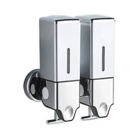 Wall mounted manual soap dispenser with dual 500ml capacity for streamlined bathroom or kitchen decor.