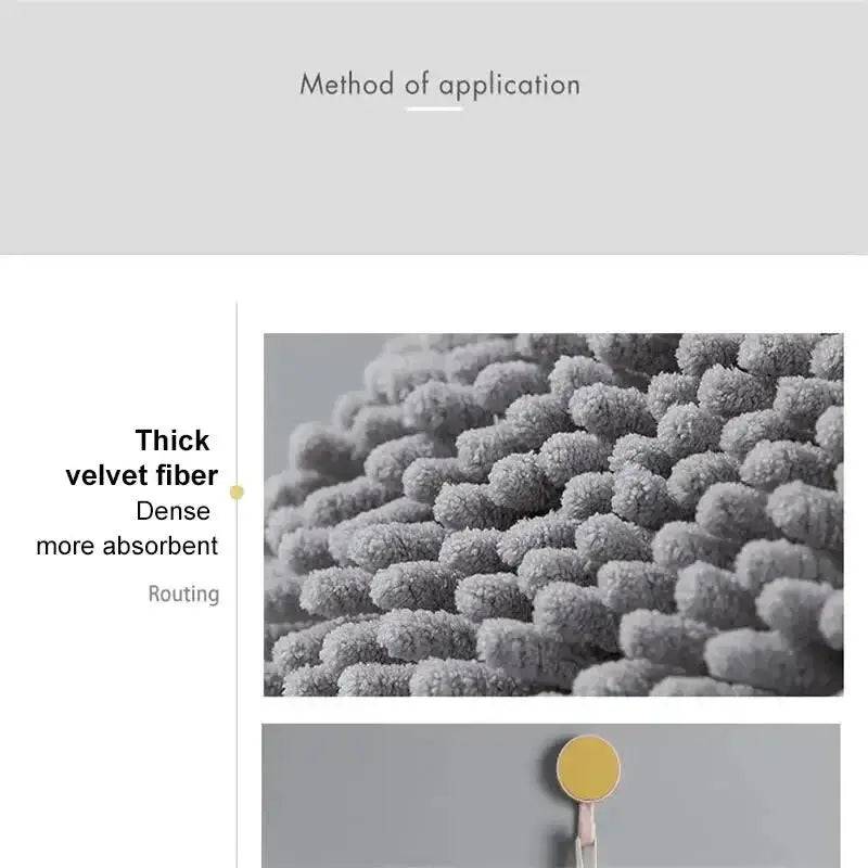 Close-up of thick velvet fiber in a chenille towel, showcasing its dense and highly absorbent texture.