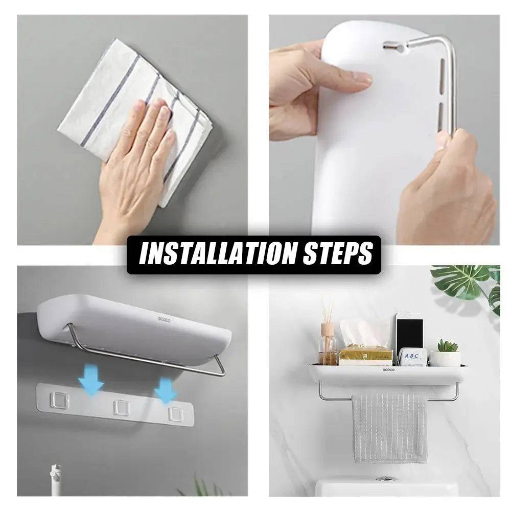 Wall-Mounted Shampoo Storage Rack with Towel Bar | Bathroom | Luvasmr - Satisfyingly Organised