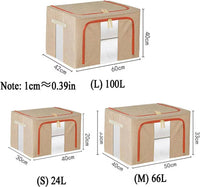 Cotton Flax Storage Box with Transparent Window in three sizes: Large 100L, Medium 66L, Small 24L for stylish organization.