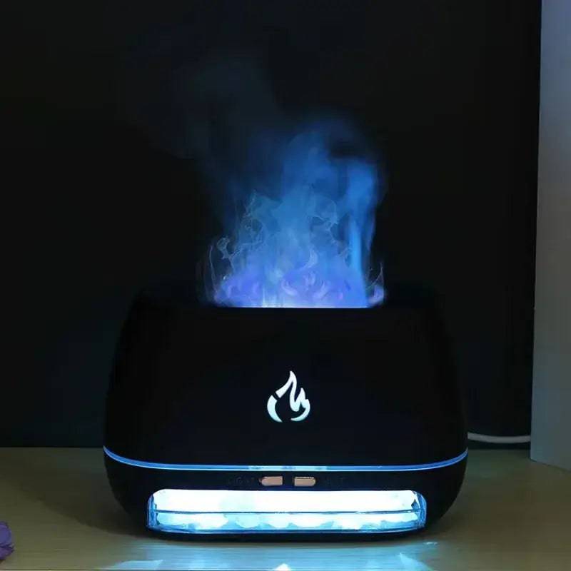 Mini Ultrasonic Flame Aroma Diffuser emitting colorful vapor, perfect for creating a soothing atmosphere in small spaces.
