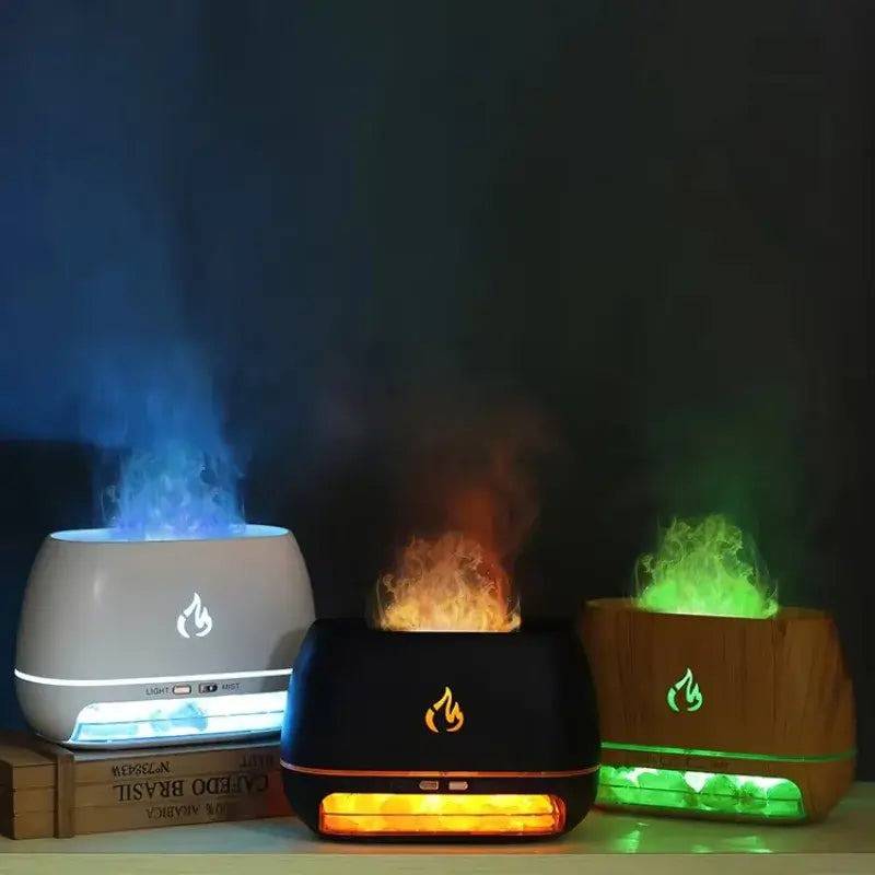 Mini Ultrasonic Flame Aroma Diffuser in white, black, and wood designs with soothing scents and colorful mist.