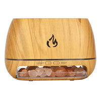 Mini Ultrasonic Flame Aroma Diffuser in wood finish with light and mist buttons for aromatic bliss and relaxation.
