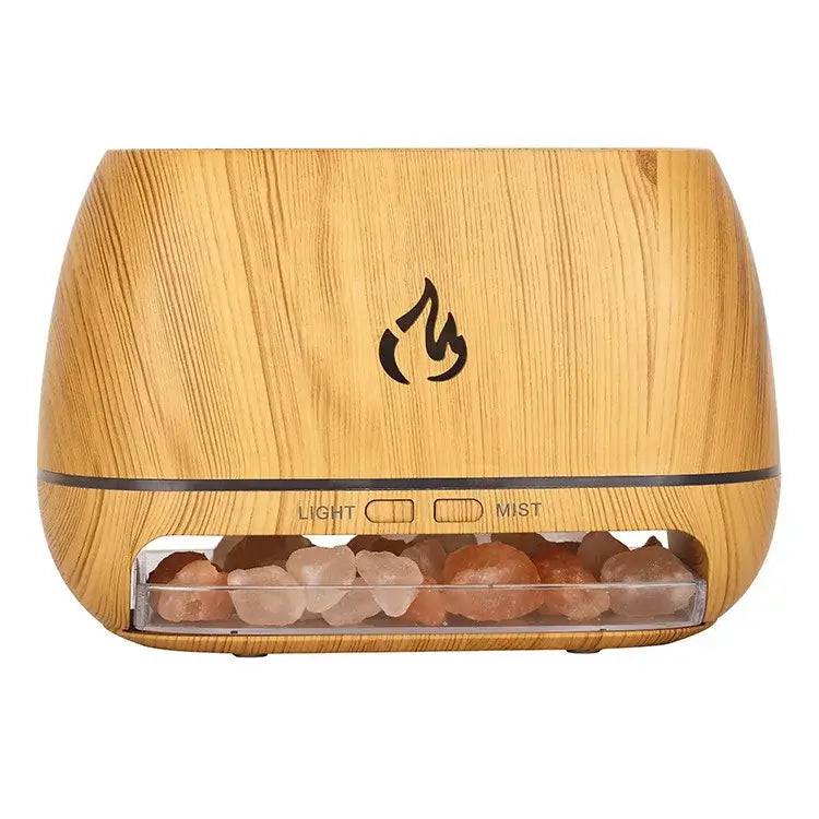 Mini Ultrasonic Flame Aroma Diffuser in wood finish with light and mist buttons for aromatic bliss and relaxation.