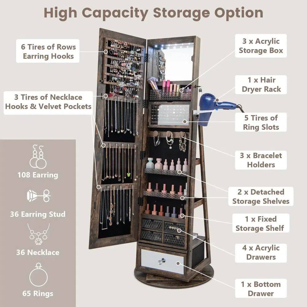 GOFLAME 360° Rotating Jewelry Armoire Full Length Mirrored Freestanding Makeup Cabinet |  | Luvasmr - Satisfyingly Organised