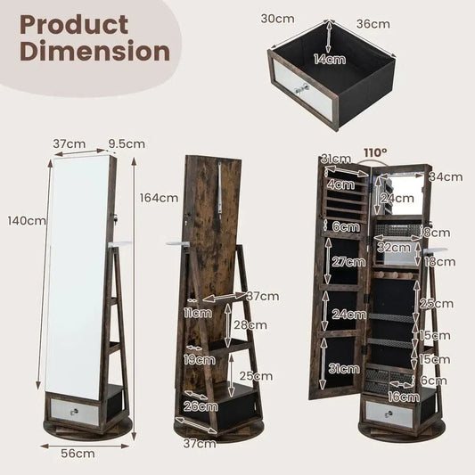 GOFLAME 360° Rotating Jewelry Armoire Full Length Mirrored Freestanding Makeup Cabinet |  | Luvasmr - Satisfyingly Organised