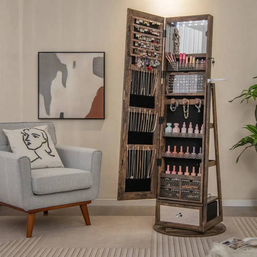 GOFLAME 360° Rotating Jewelry Armoire Full Length Mirrored Freestanding Makeup Cabinet |  | Luvasmr - Satisfyingly Organised