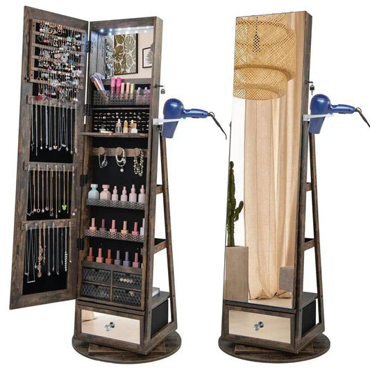 GOFLAME 360° Rotating Jewelry Armoire Full Length Mirrored Freestanding Makeup Cabinet |  | Luvasmr - Satisfyingly Organised