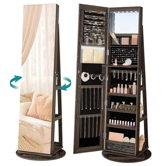 SONGMICS 6 LEDs Mirror Jewellery Cabinet, 360  Swivel Jewellery Storage Organiser, Lockable, Free-Standing Mirror with Storage |  | Luvasmr - Satisfyingly Organised