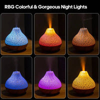 Colorful Volcano Air Humidifier with LED night lights, showcasing mist and vibrant hues for relaxation.
