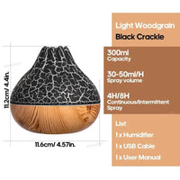Volcano Air Humidifier with light woodgrain and black crackle design, 300ml capacity for mist and color.