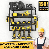 Wall-mounted tool organizing rack with 150 lbs capacity and power tools, ideal for workshops and garages.