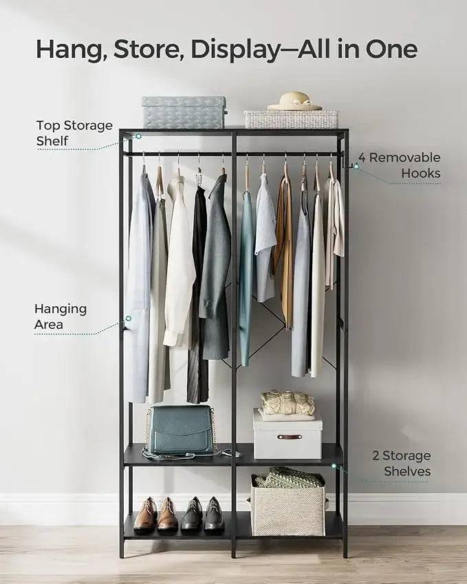 SONGMICS Portable Clothes Wardrobe, Foldable Closet, Clothes Rack Freestanding with Hanging Rods, Storage Shelves, Hooks |  | Luvasmr - Satisfyingly Organised