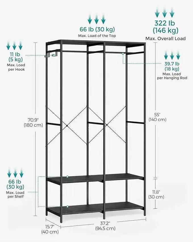 SONGMICS Portable Clothes Wardrobe, Foldable Closet, Clothes Rack Freestanding with Hanging Rods, Storage Shelves, Hooks |  | Luvasmr - Satisfyingly Organised