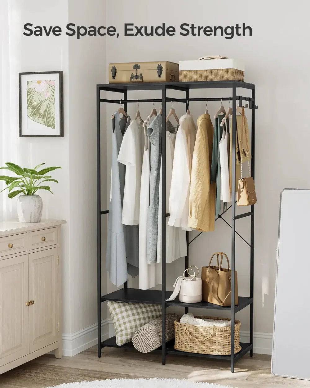 SONGMICS Portable Clothes Wardrobe, Foldable Closet, Clothes Rack Freestanding with Hanging Rods, Storage Shelves, Hooks |  | Luvasmr - Satisfyingly Organised
