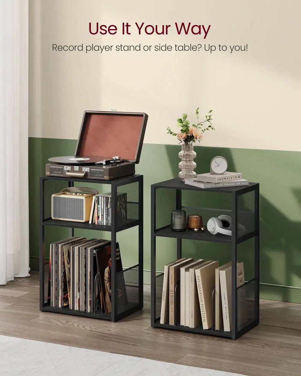 VASAGLE Record Player Stand, 3-Tier Side Table, Vinyl Record Storage up to 100 Albums, End Table for Living Room, Bedroom |  | Luvasmr - Satisfyingly Organised