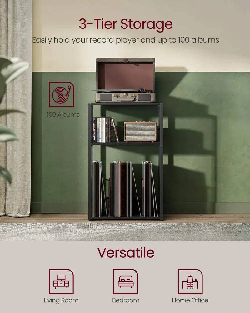 VASAGLE Record Player Stand, 3-Tier Side Table, Vinyl Record Storage up to 100 Albums, End Table for Living Room, Bedroom |  | Luvasmr - Satisfyingly Organised