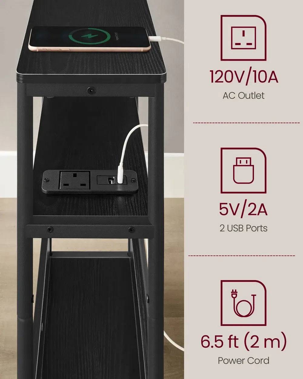 VASAGLE Slim Side Table with Charging Station, 3-Tier Narrow Bedside Table, End Table for Small Spaces, Magazine Rack |  | Luvasmr - Satisfyingly Organised