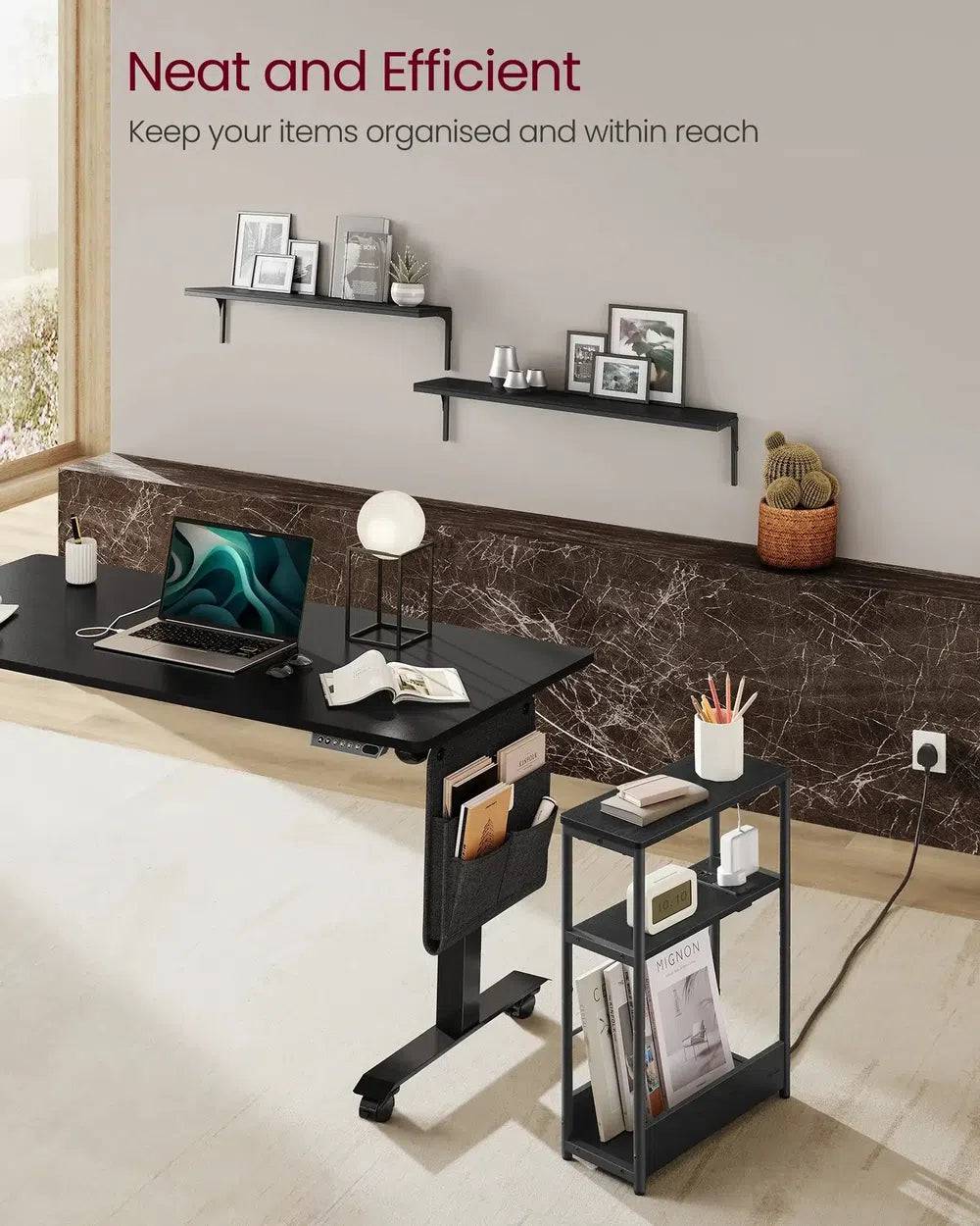 VASAGLE Slim Side Table with Charging Station, 3-Tier Narrow Bedside Table, End Table for Small Spaces, Magazine Rack |  | Luvasmr - Satisfyingly Organised