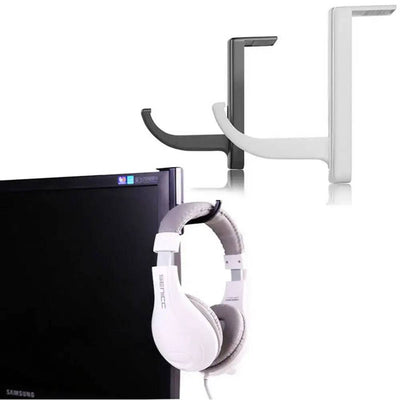 Universal headphone holder in black and white attached to a monitor with a white headphone hanging underneath.