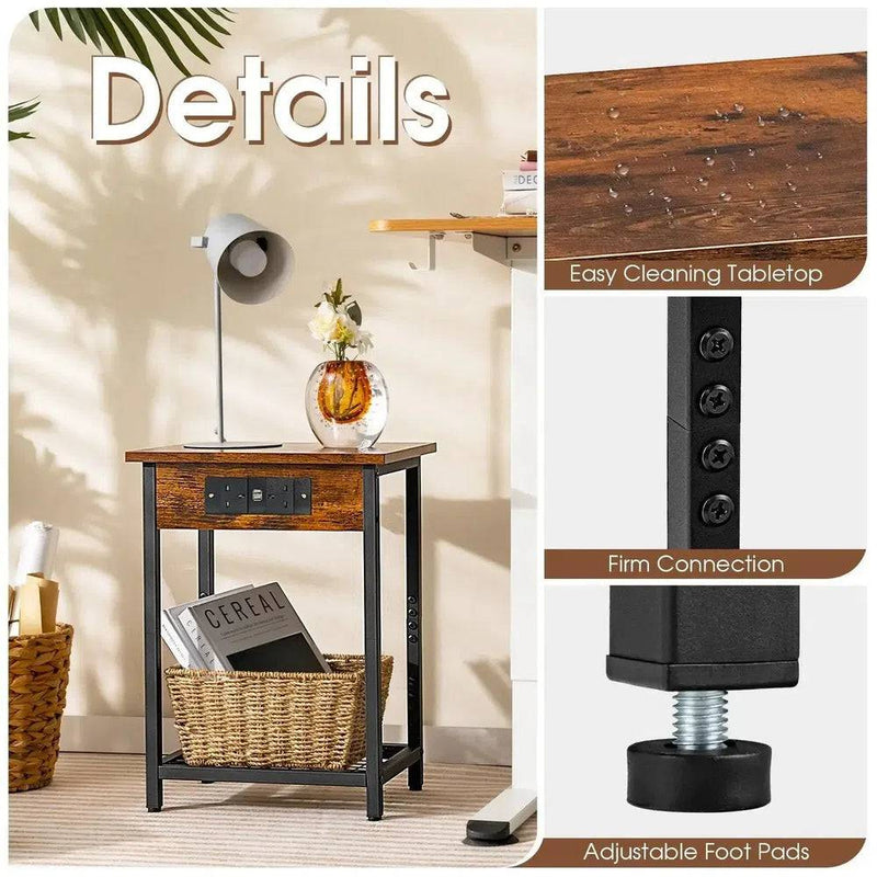 Modern bedside nightstand with charging station, sturdy design, and easy clean tabletop details.