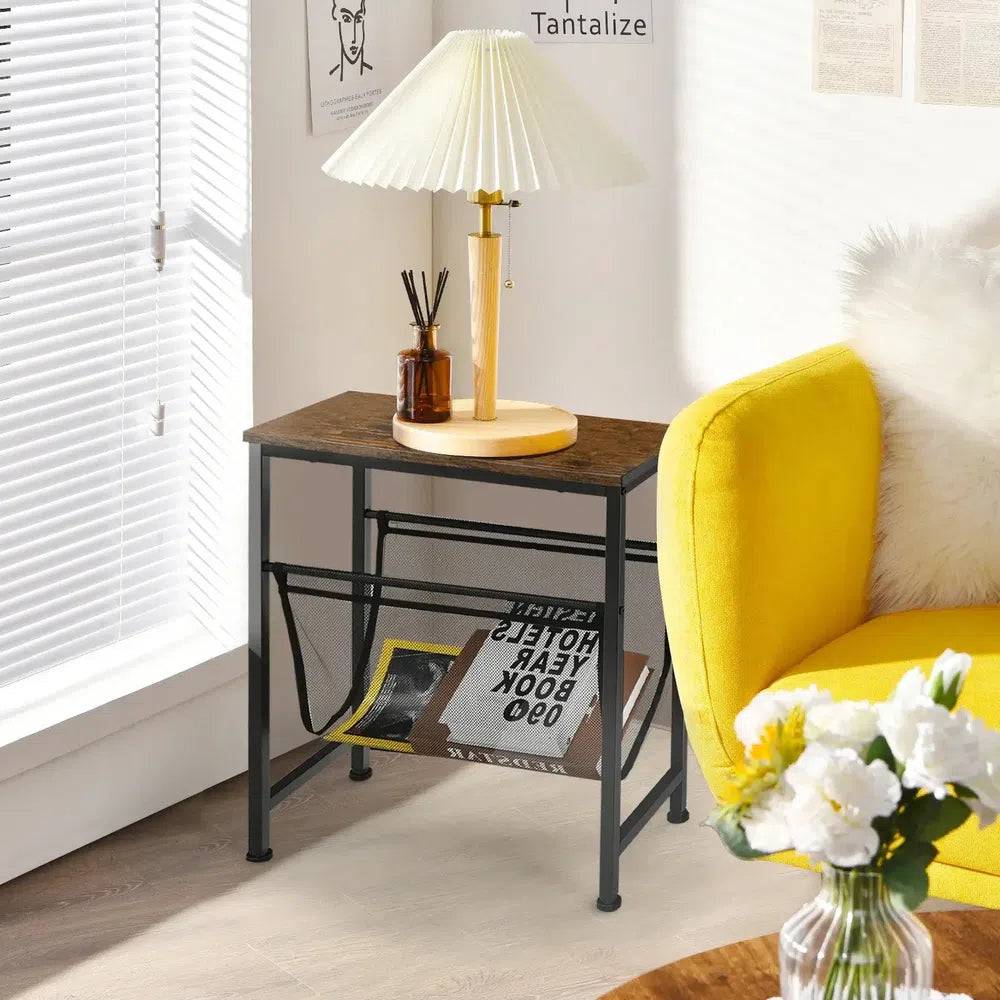 GOFLAME Industrial End Table 2-Tier Narrow Small Side Accent Table with Mesh Magazine Holder Sling |  | Luvasmr - Satisfyingly Organised