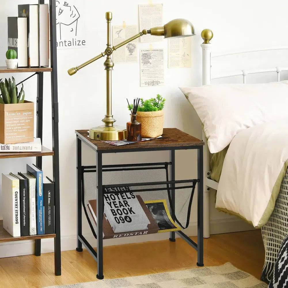 GOFLAME Industrial End Table 2-Tier Narrow Small Side Accent Table with Mesh Magazine Holder Sling |  | Luvasmr - Satisfyingly Organised