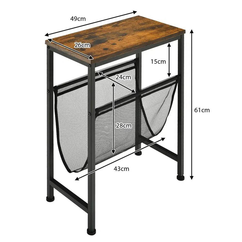 Industrial two-tier narrow side table with mesh sling, dimensions 49x26x61cm, perfect for compact modern living spaces.