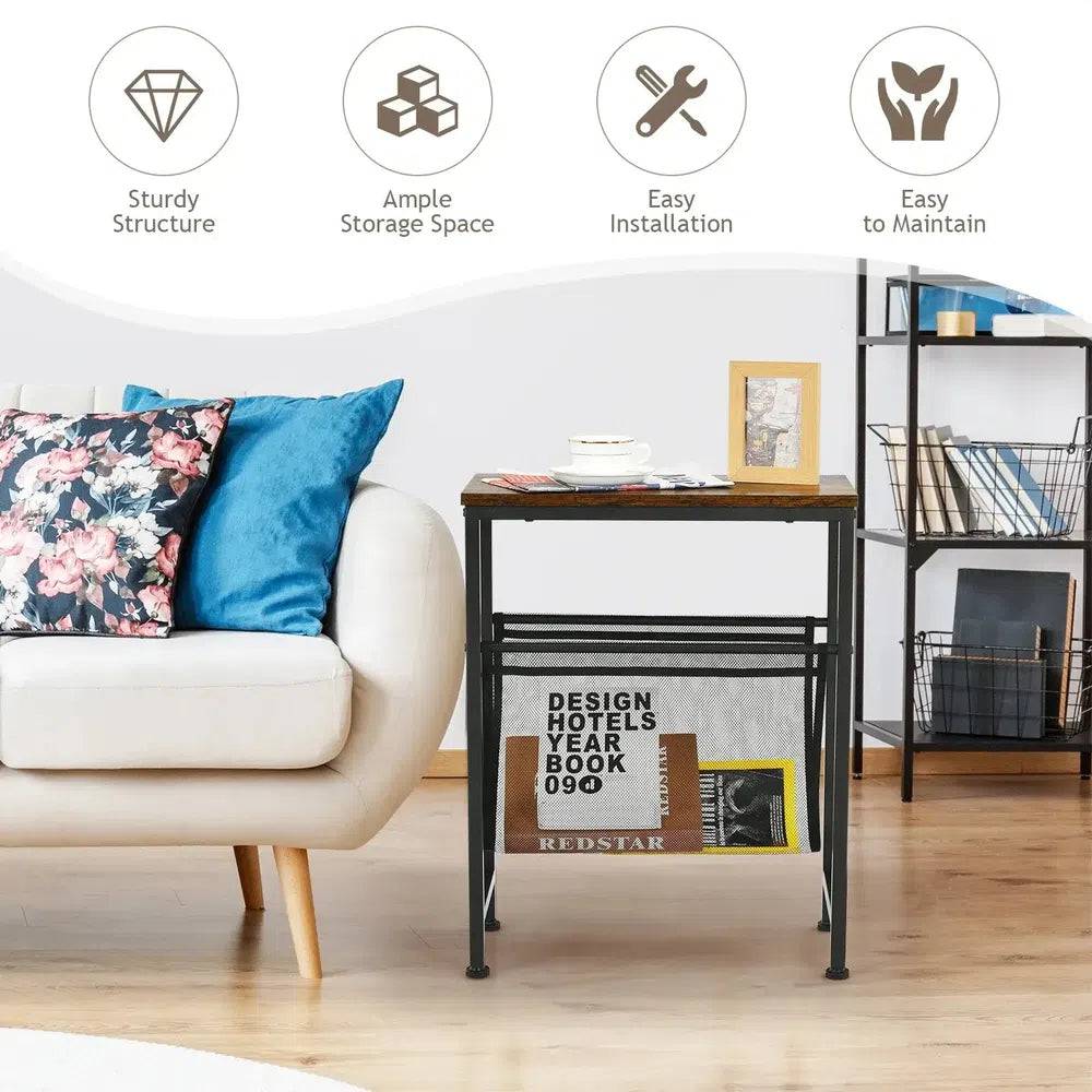 GOFLAME Industrial End Table 2-Tier Narrow Small Side Accent Table with Mesh Magazine Holder Sling |  | Luvasmr - Satisfyingly Organised