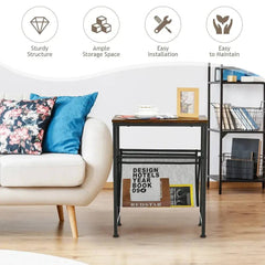 GOFLAME Industrial End Table 2-Tier Narrow Small Side Accent Table with Mesh Magazine Holder Sling |  | Luvasmr - Satisfyingly Organised