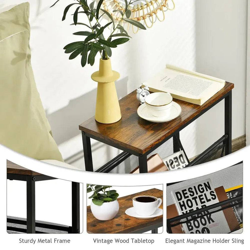Industrial two-tier side table with metal frame, vintage wood top, and mesh magazine holder, perfect for modern decor.