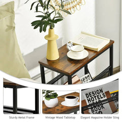 GOFLAME Industrial End Table 2-Tier Narrow Small Side Accent Table with Mesh Magazine Holder Sling |  | Luvasmr - Satisfyingly Organised